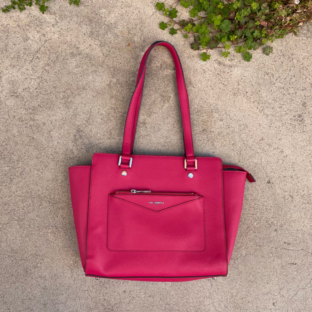 Karl Lagerfeld, Two Handle Hot Pink Tote with Pocket